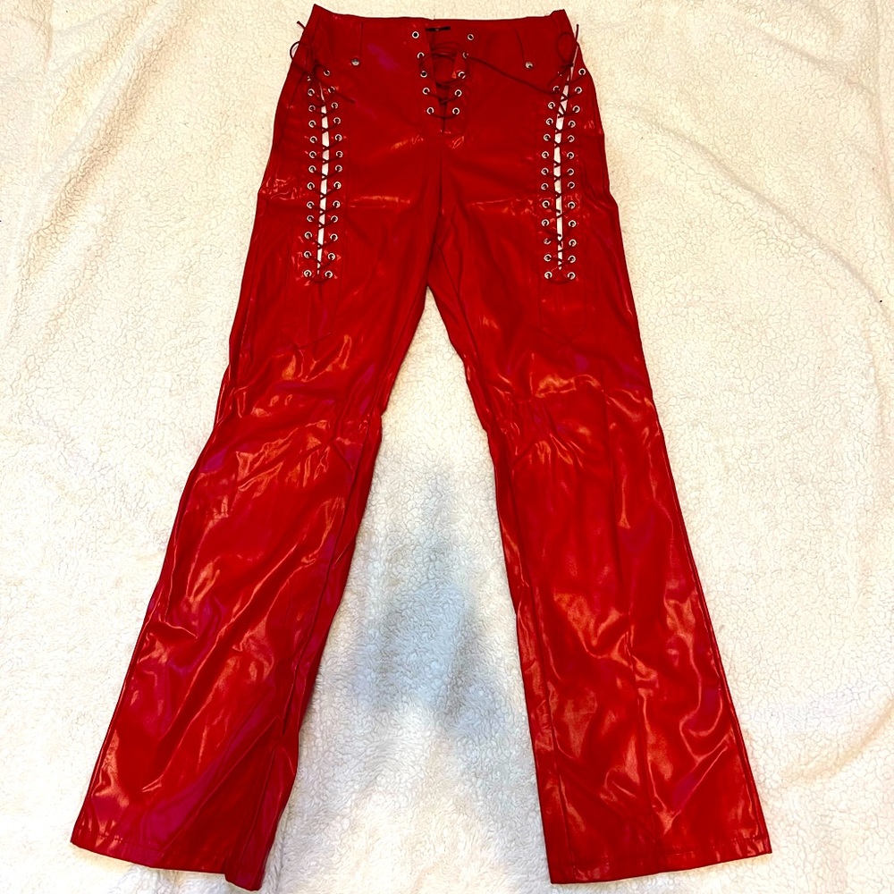 Red leather tie up pants